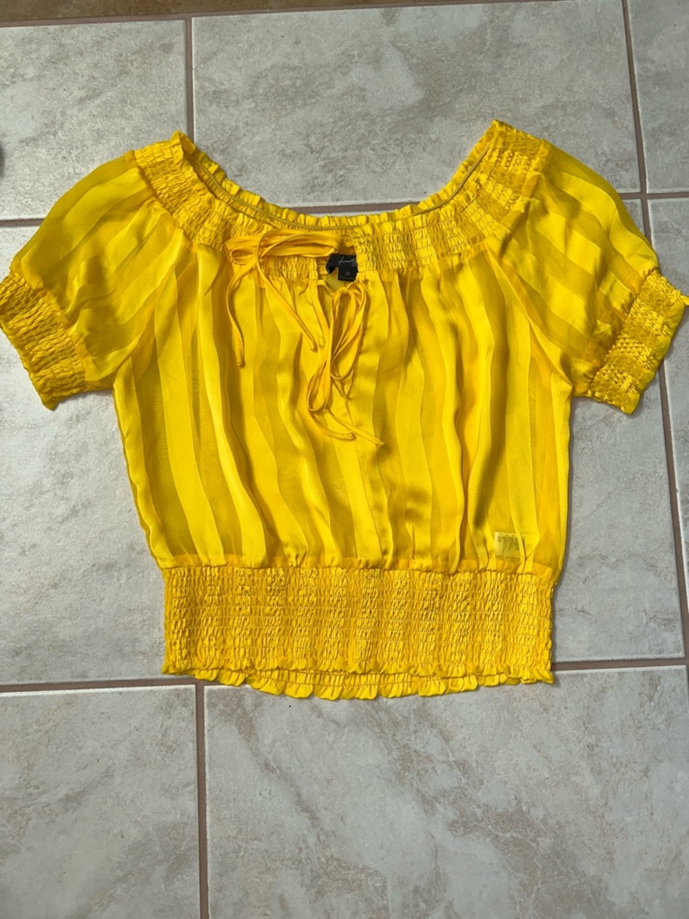 Yellow Off-Shoulder Smocked Waist Sheer Women's Top